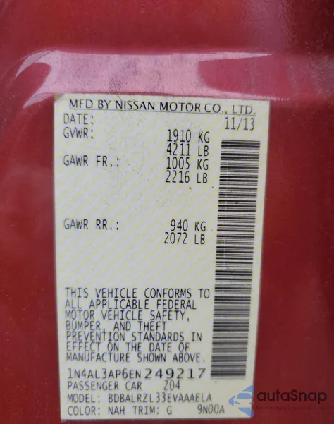 2014 Nissan Altima 2.5 from USA, damaged, VIN 1N4AL3AP6EN249217